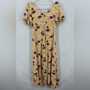 Mason & Belle Women’s Medium Yellow Pink Floral Maxi Dress Puff Sleeve Cutout